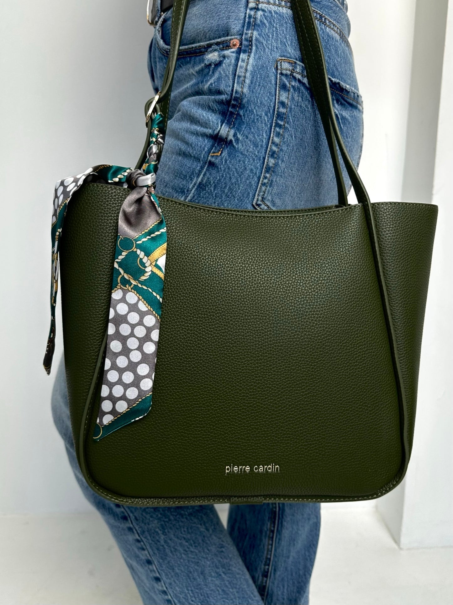 Pierre Cardin Elegant Green Tote Bag with Scarf